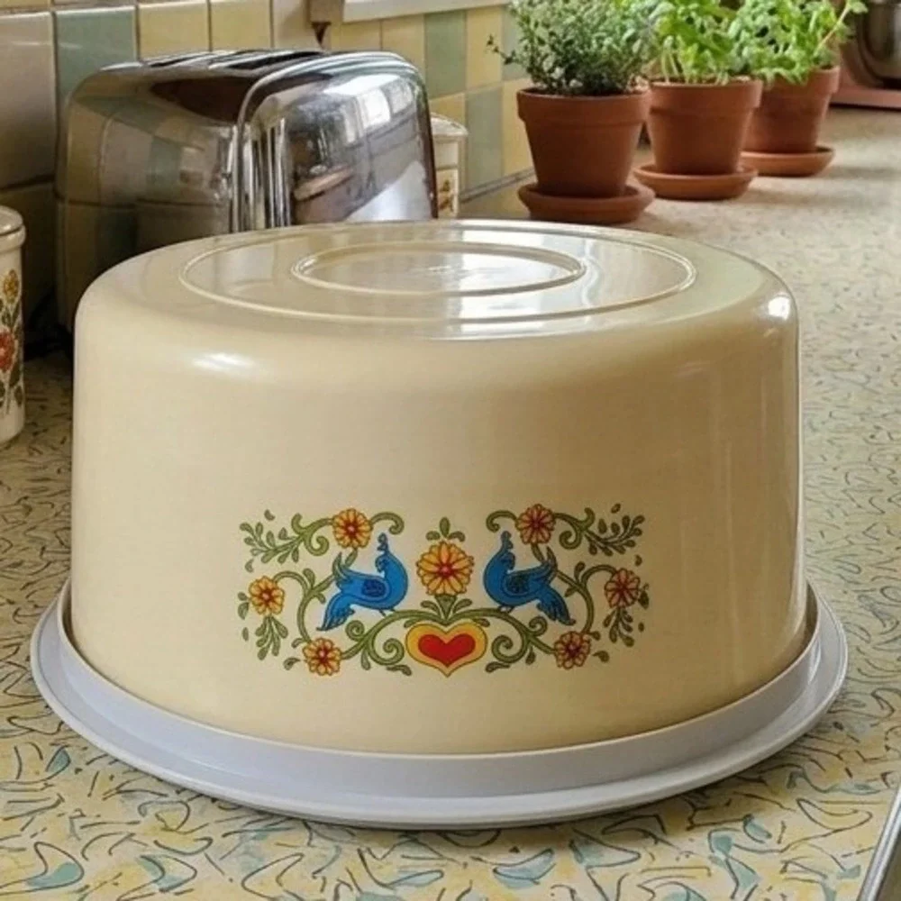 Vintage Plastic Cake Carrier Folk Art Blue Bird Floral Heart Cream Gray 11.5